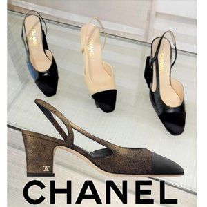 CHANEL, Shoes, Chanel Slingback Black Mule Gold Buckle Square Kitten Heels